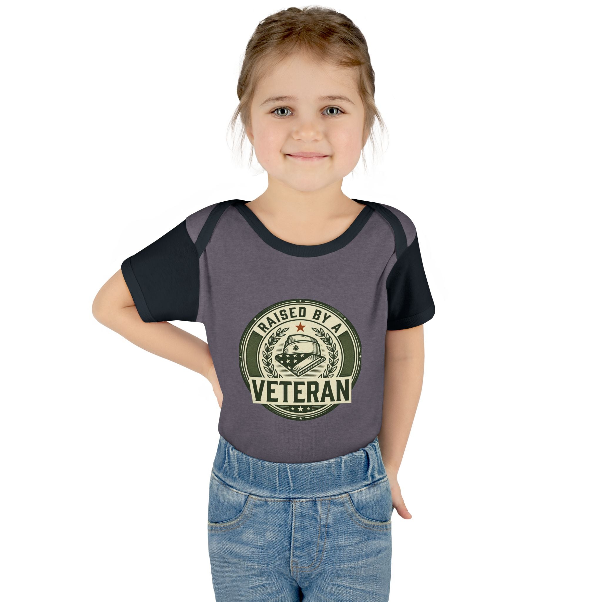 Raised by a Veteran Infant Bodysuit — Baby Onesie with Military Emblem