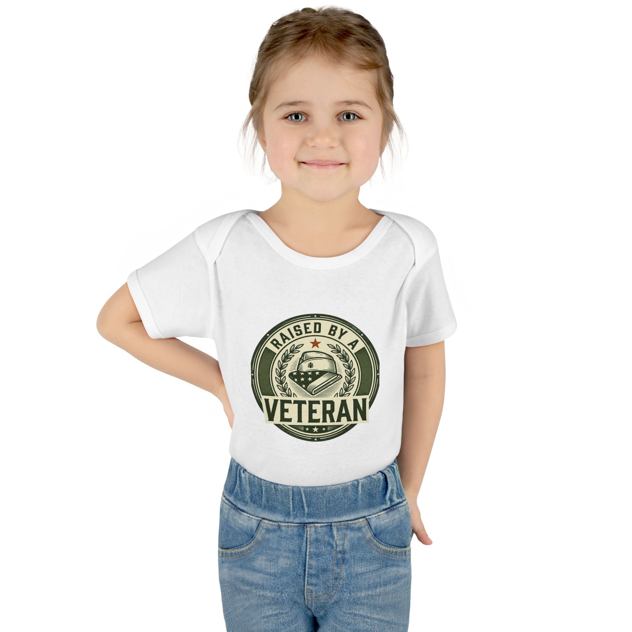 Raised by a Veteran Infant Bodysuit — Baby Onesie with Military Emblem
