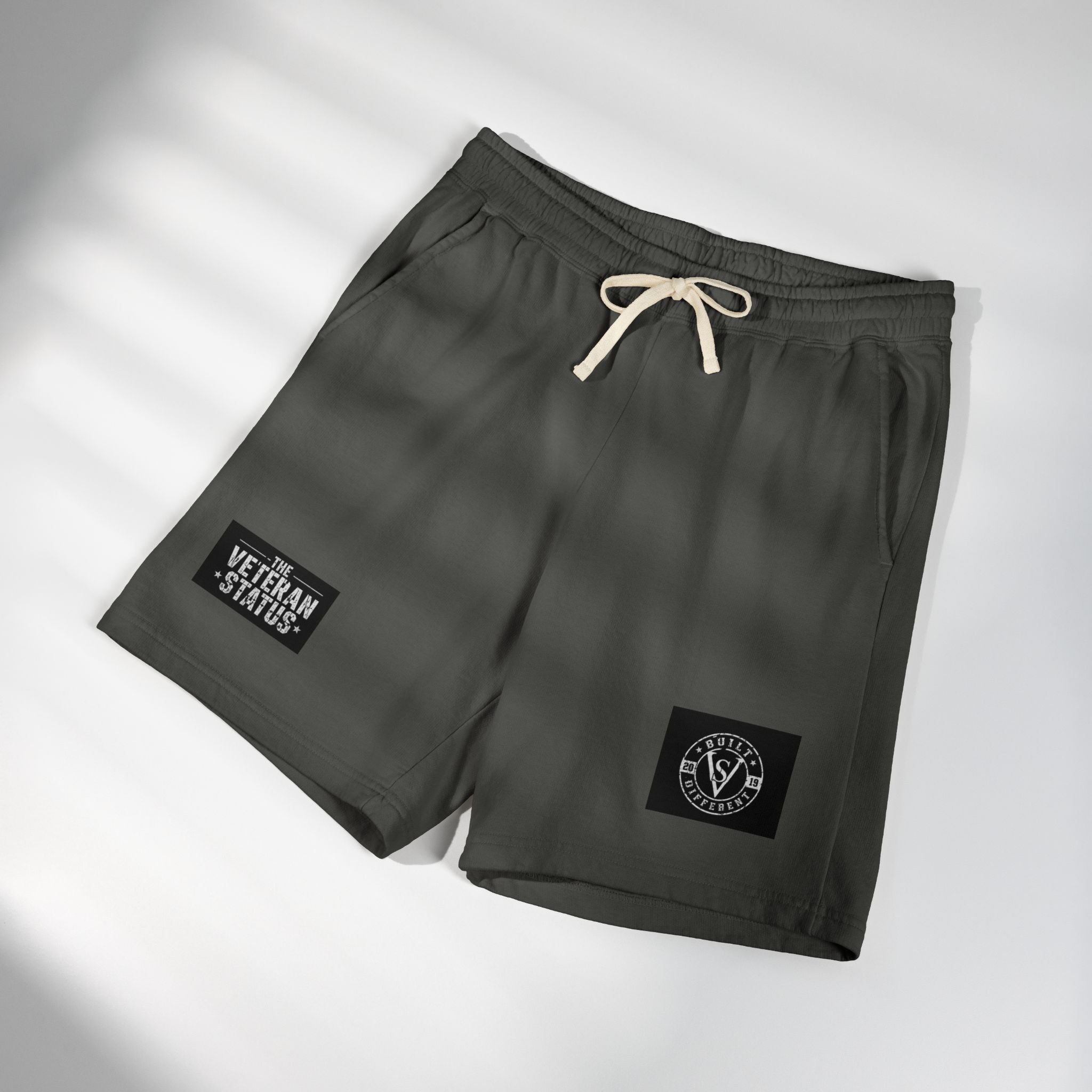 Veteran Status Patch Sweat Shorts — Garment-Dyed Fleece Athletic Shorts