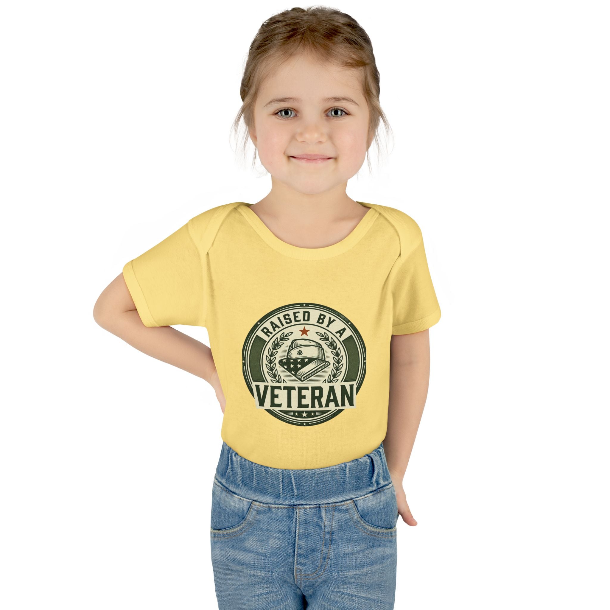 Raised by a Veteran Infant Bodysuit — Baby Onesie with Military Emblem