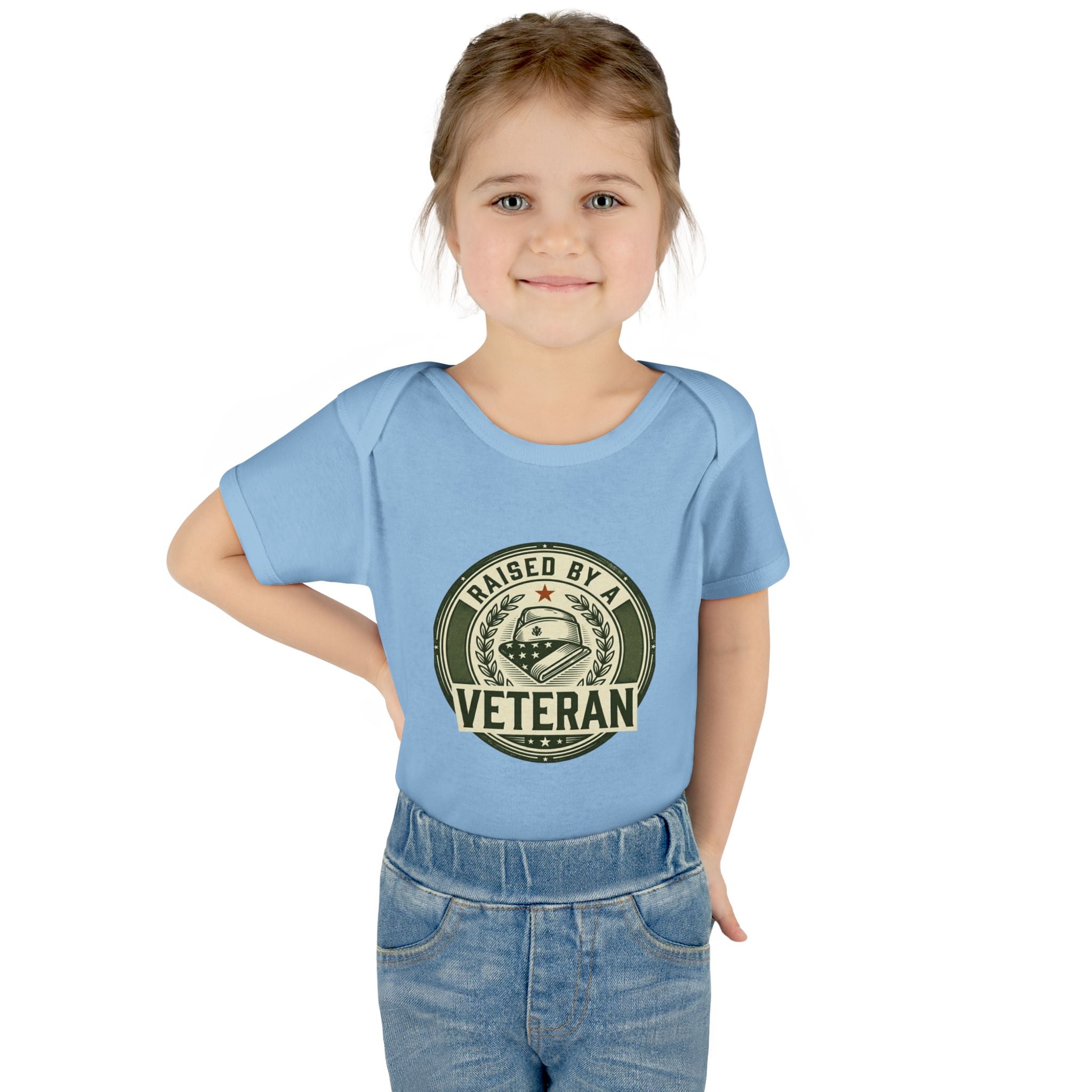 Raised by a Veteran Infant Bodysuit — Baby Onesie with Military Emblem