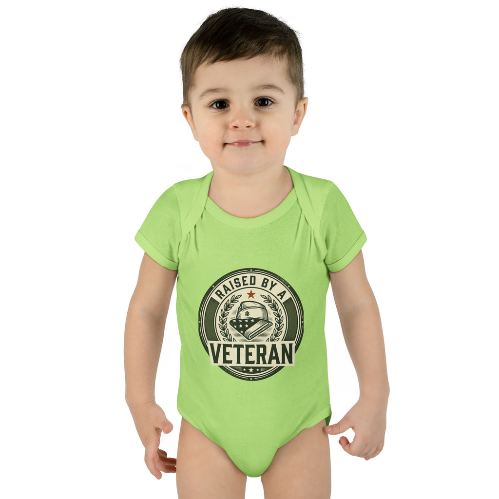 Raised by a Veteran Infant Bodysuit — Baby Onesie with Military Emblem