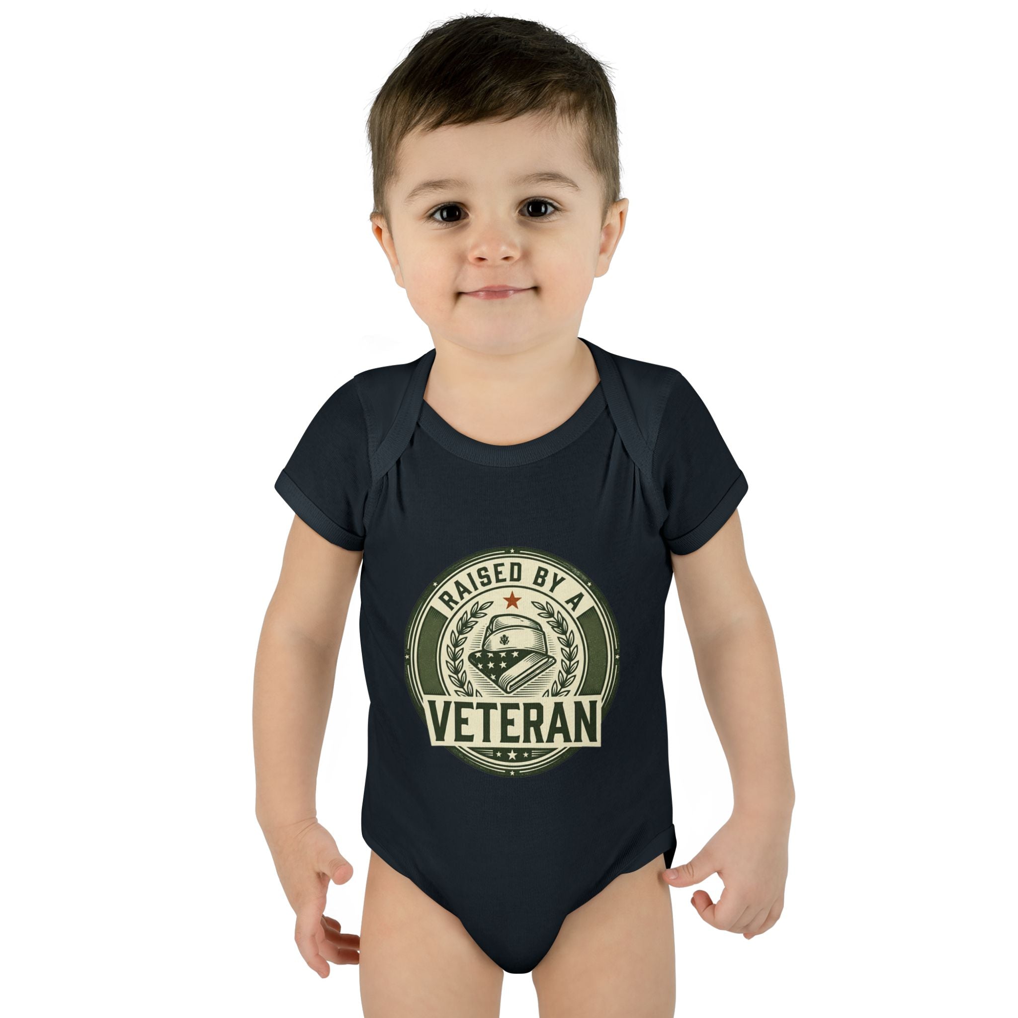 Raised by a Veteran Infant Bodysuit — Baby Onesie with Military Emblem