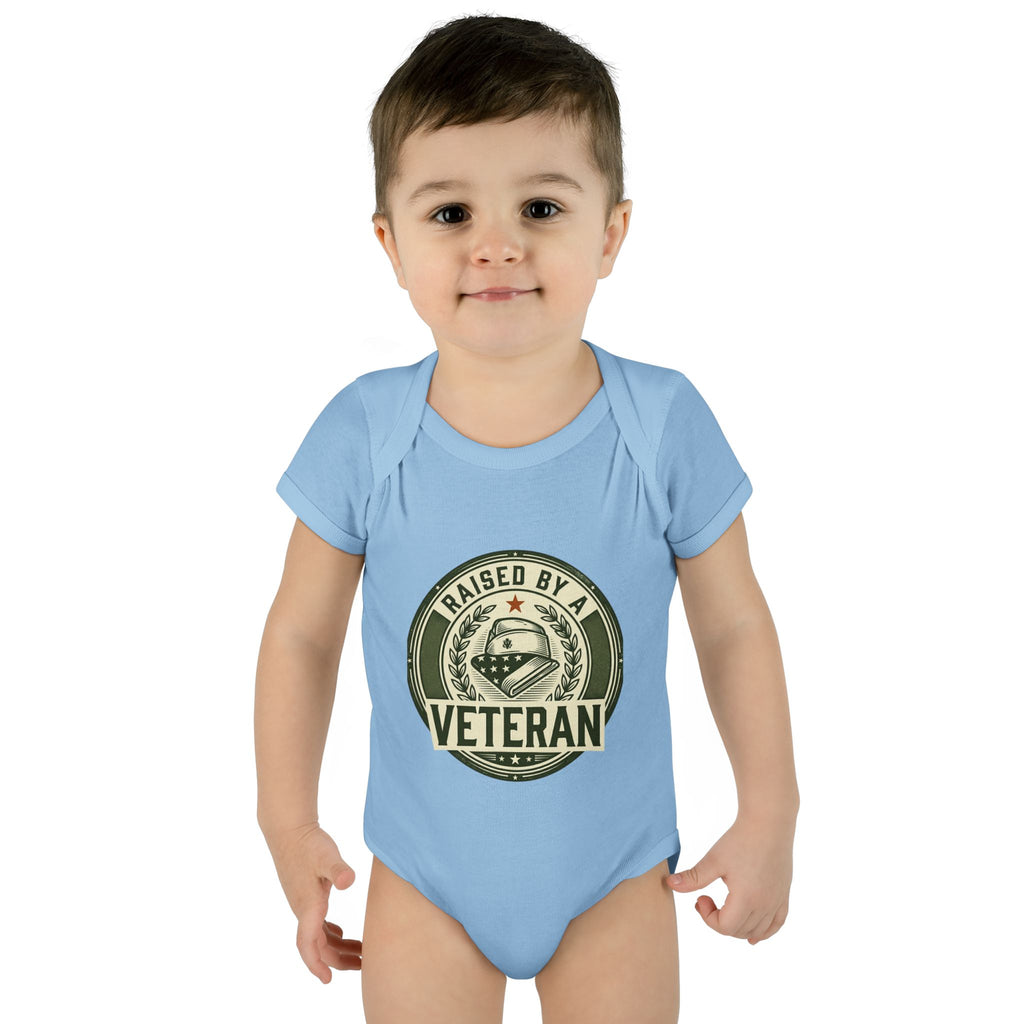 Raised by a Veteran Infant Bodysuit — Baby Onesie with Military Emblem