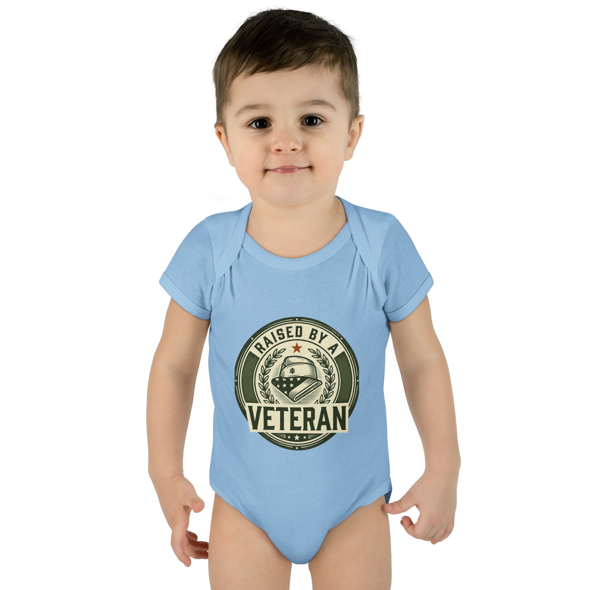 Raised by a Veteran Infant Bodysuit — Baby Onesie with Military Emblem