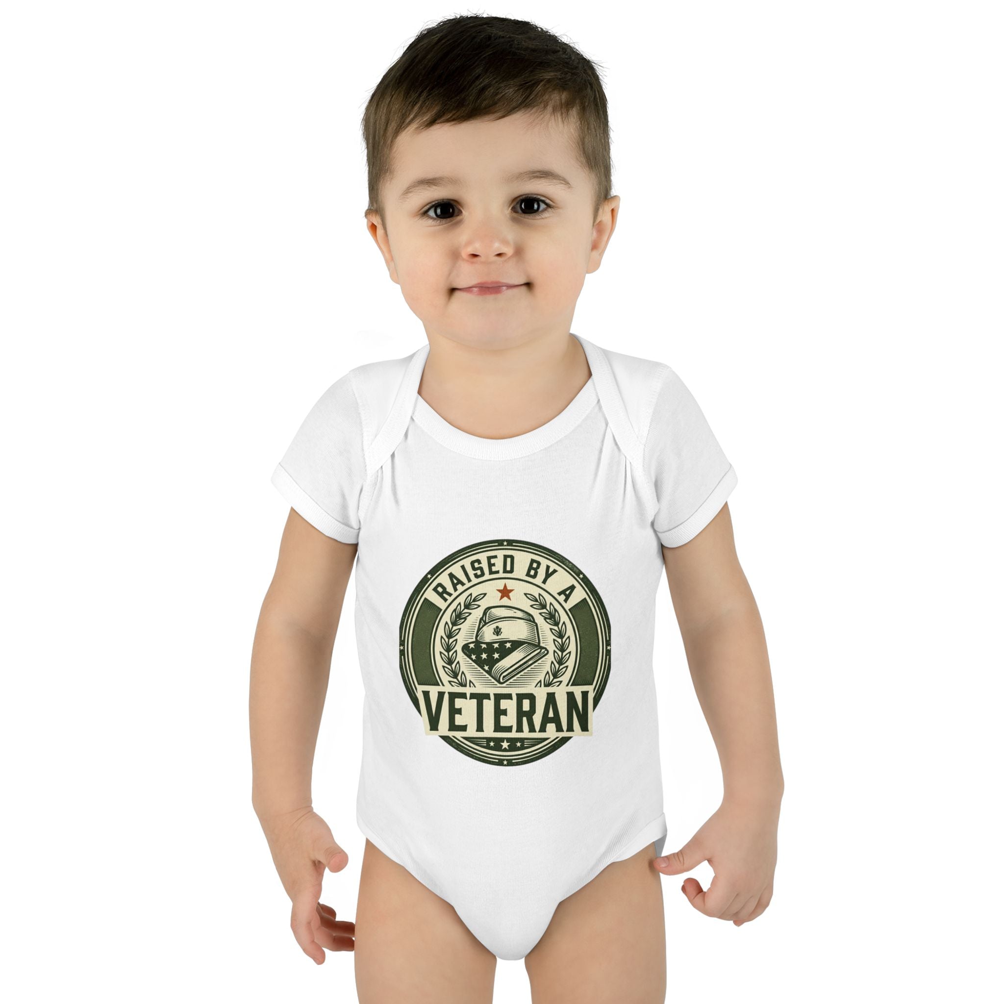 Raised by a Veteran Infant Bodysuit — Baby Onesie with Military Emblem