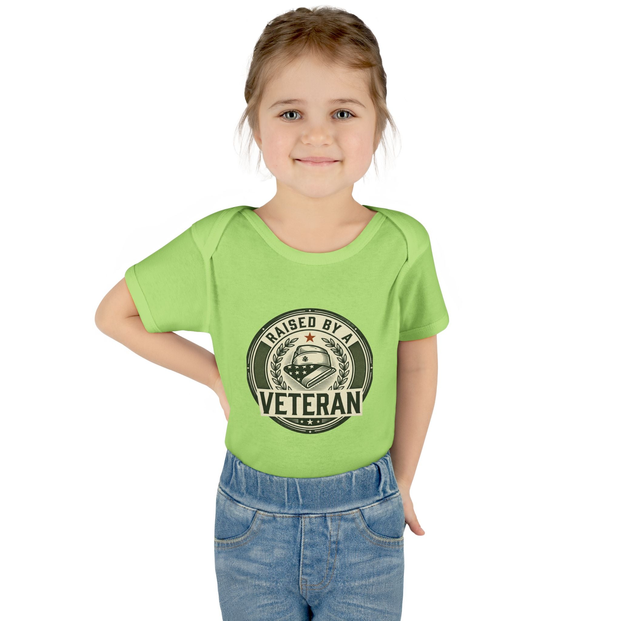 Raised by a Veteran Infant Bodysuit — Baby Onesie with Military Emblem