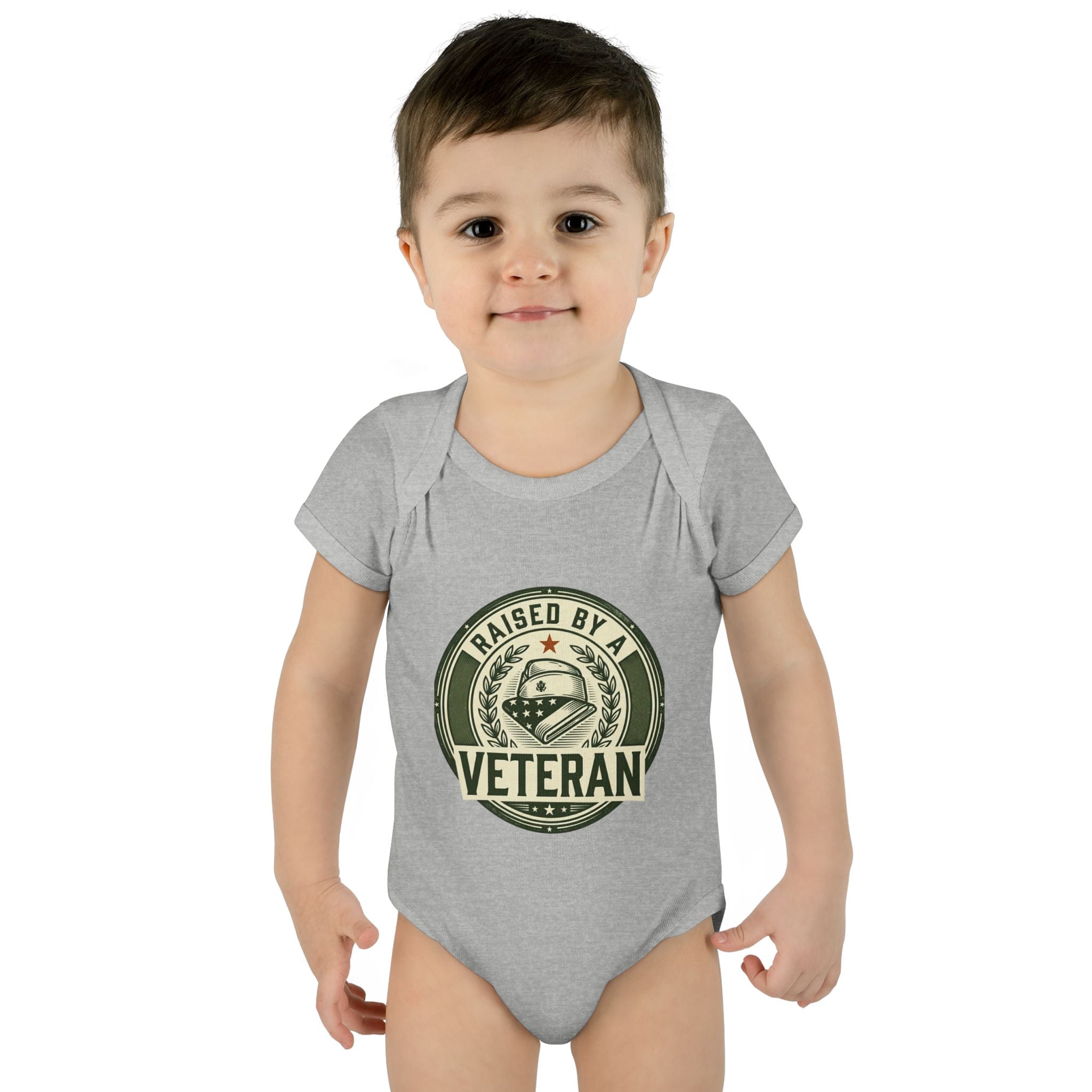 Raised by a Veteran Infant Bodysuit — Baby Onesie with Military Emblem