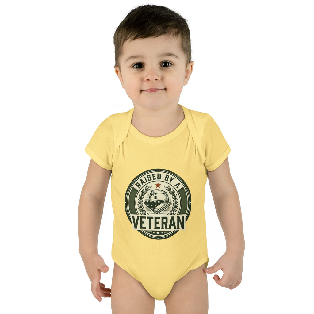 Raised by a Veteran Infant Bodysuit — Baby Onesie with Military Emblem