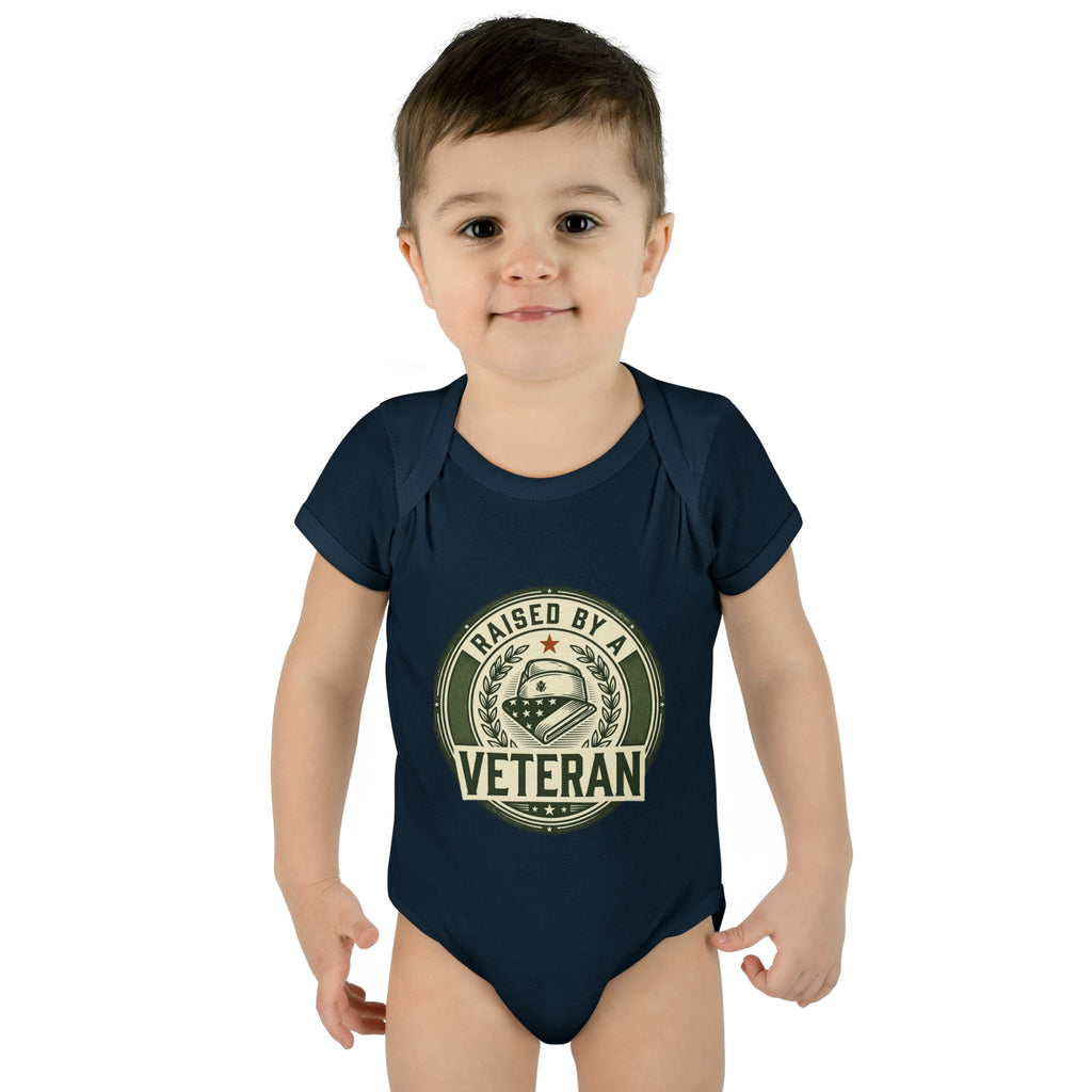Raised by a Veteran Infant Bodysuit — Baby Onesie with Military Emblem