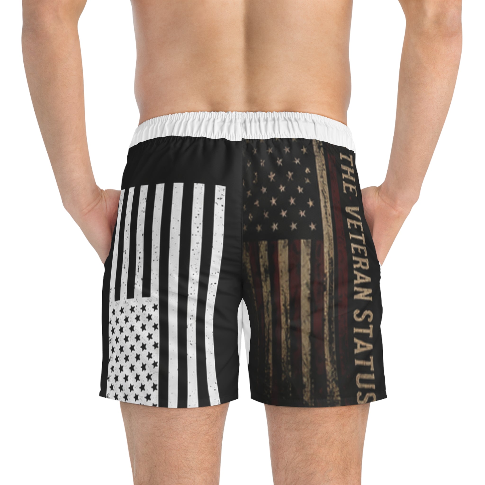 Veteran Flag Swim Trunks — Distressed American Flag & "The Veteran Status" Design