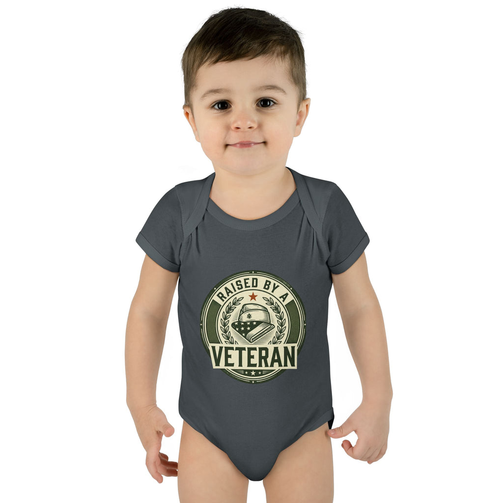 Raised by a Veteran Infant Bodysuit — Baby Onesie with Military Emblem