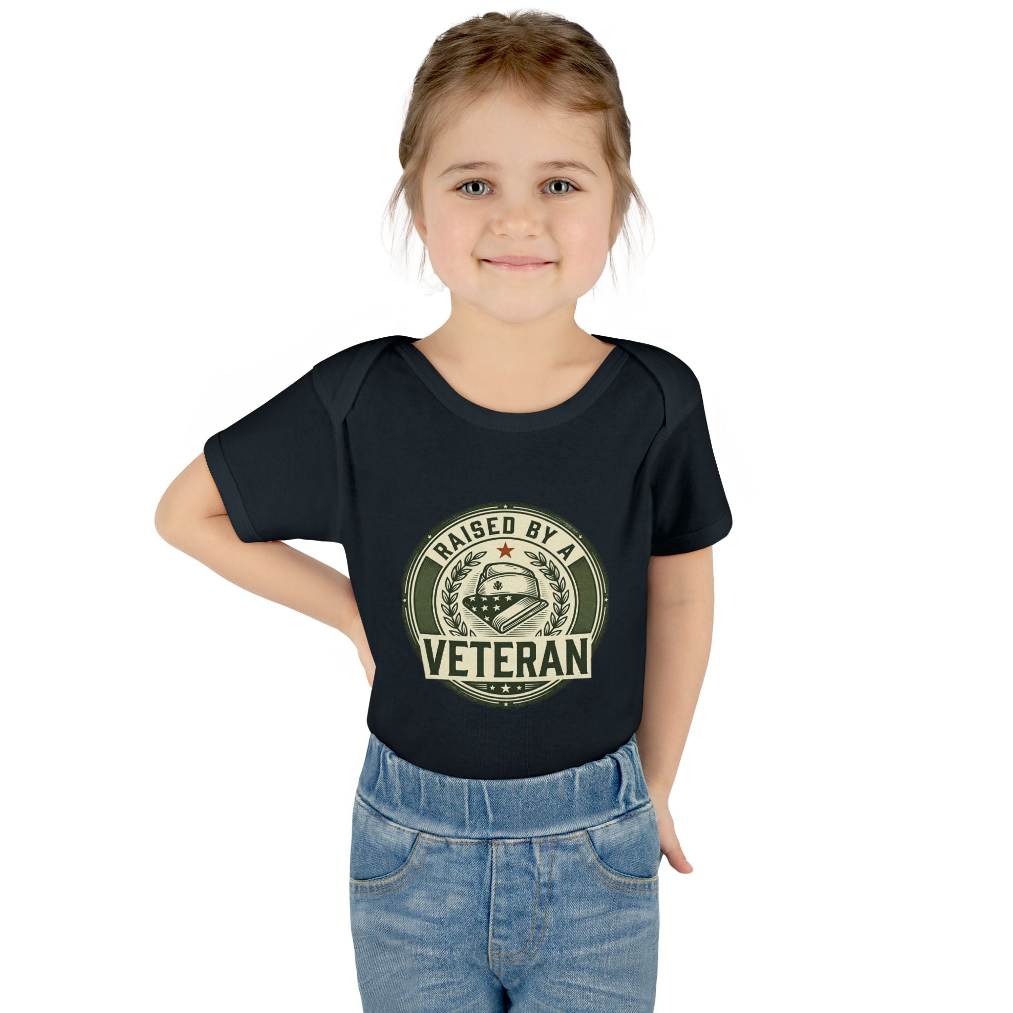 Raised by a Veteran Infant Bodysuit — Baby Onesie with Military Emblem