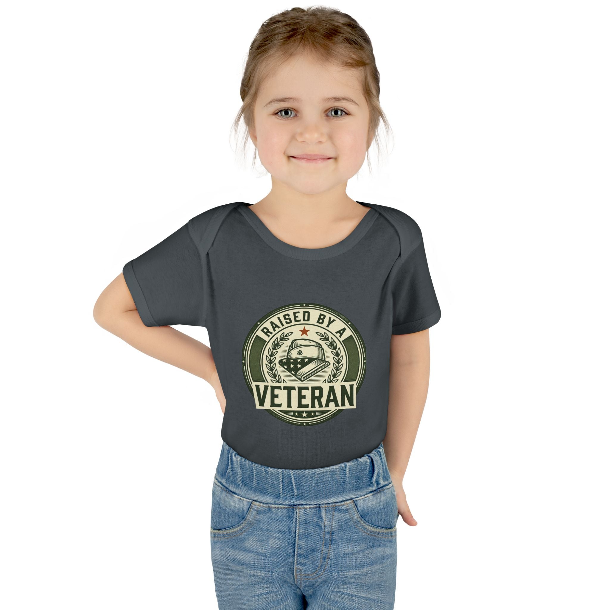 Raised by a Veteran Infant Bodysuit — Baby Onesie with Military Emblem